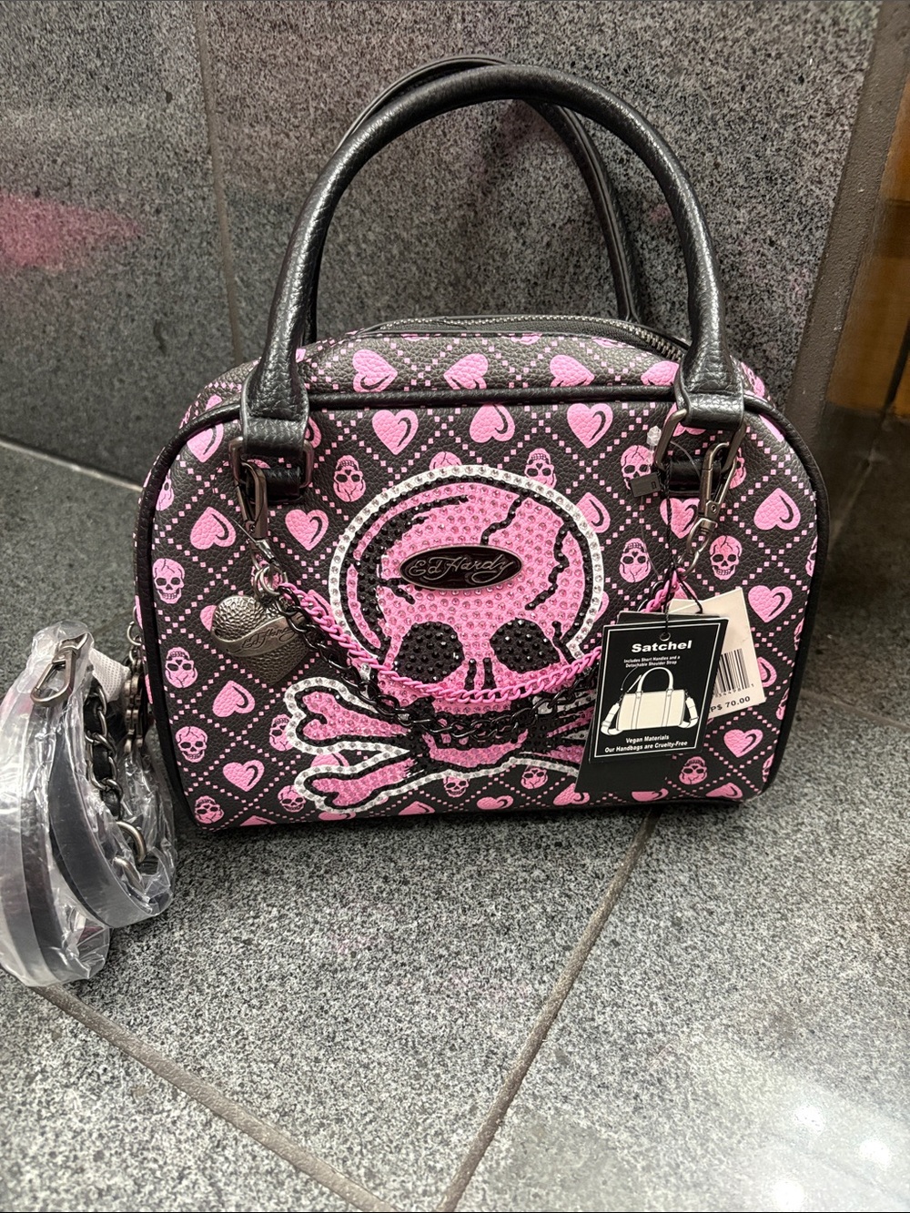 Ed Hardy Pink and Black Skull Heart Satchel
